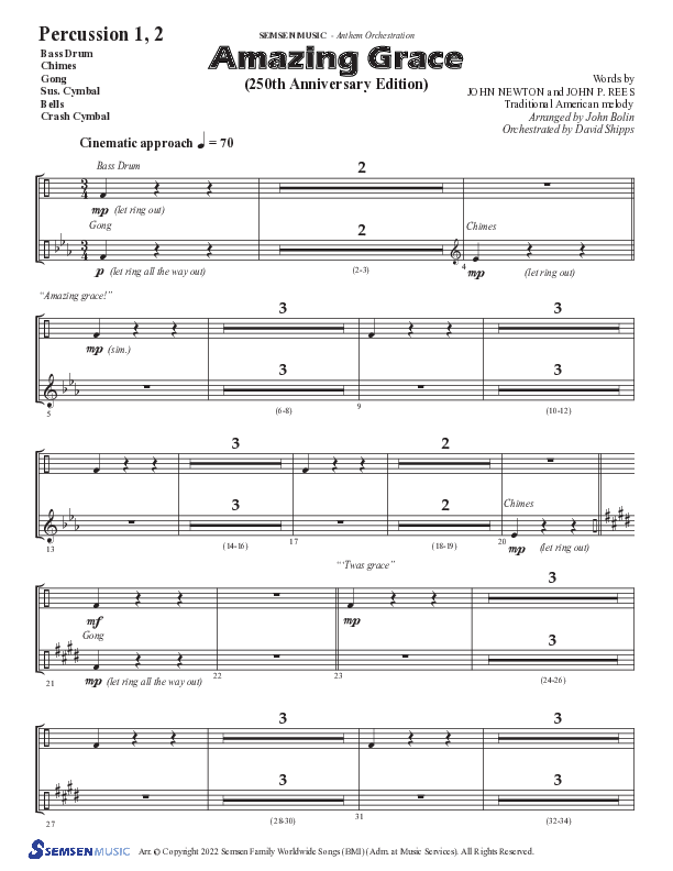Amazing Grace (250th Anniversary Edition) (Choral Anthem SATB) Percussion (Semsen Music / Arr. John Bolin / Orch. David Shipps)