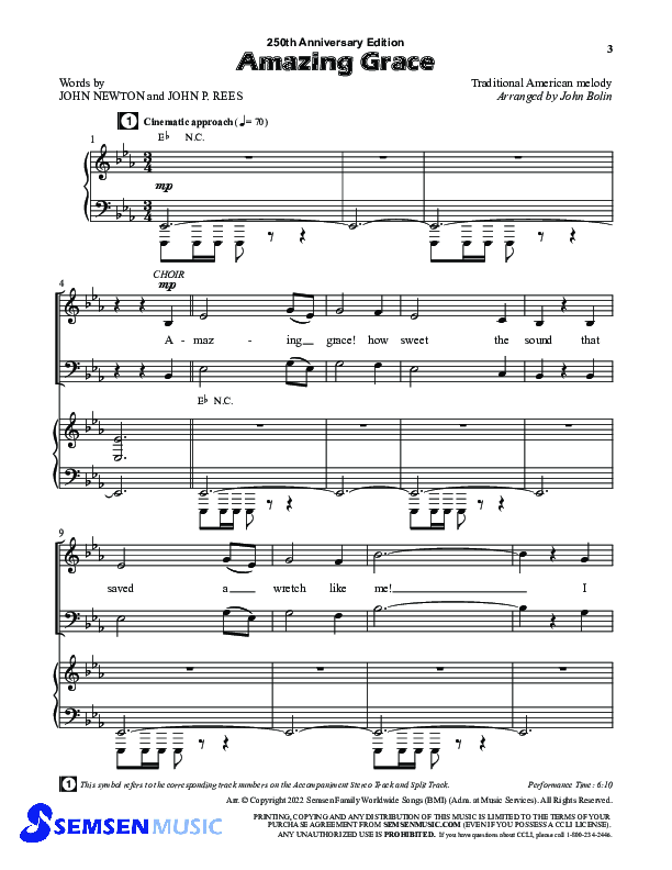 Amazing Grace (250th Anniversary Edition) (Choral Anthem SATB) Anthem (SATB/Piano) (Semsen Music / Arr. John Bolin / Orch. David Shipps)