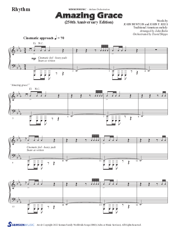 Amazing Grace (250th Anniversary Edition) (Choral Anthem SATB) Rhythm Chart (Semsen Music / Arr. John Bolin / Orch. David Shipps)