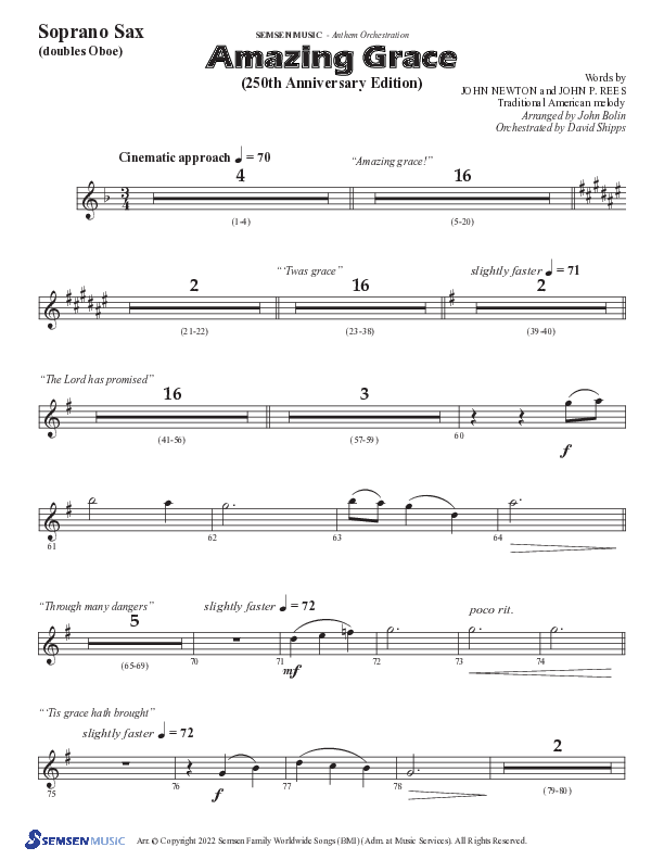 Amazing Grace (250th Anniversary Edition) (Choral Anthem SATB) Soprano Sax (Semsen Music / Arr. John Bolin / Orch. David Shipps)