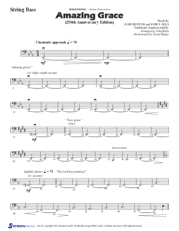 Amazing Grace (250th Anniversary Edition) (Choral Anthem SATB) String Bass (Semsen Music / Arr. John Bolin / Orch. David Shipps)