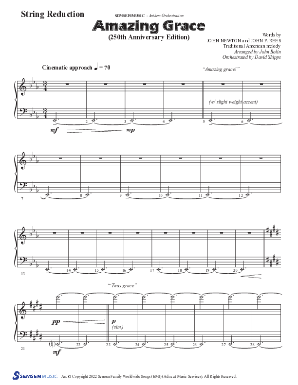 Amazing Grace (250th Anniversary Edition) (Choral Anthem SATB) String Reduction (Semsen Music / Arr. John Bolin / Orch. David Shipps)