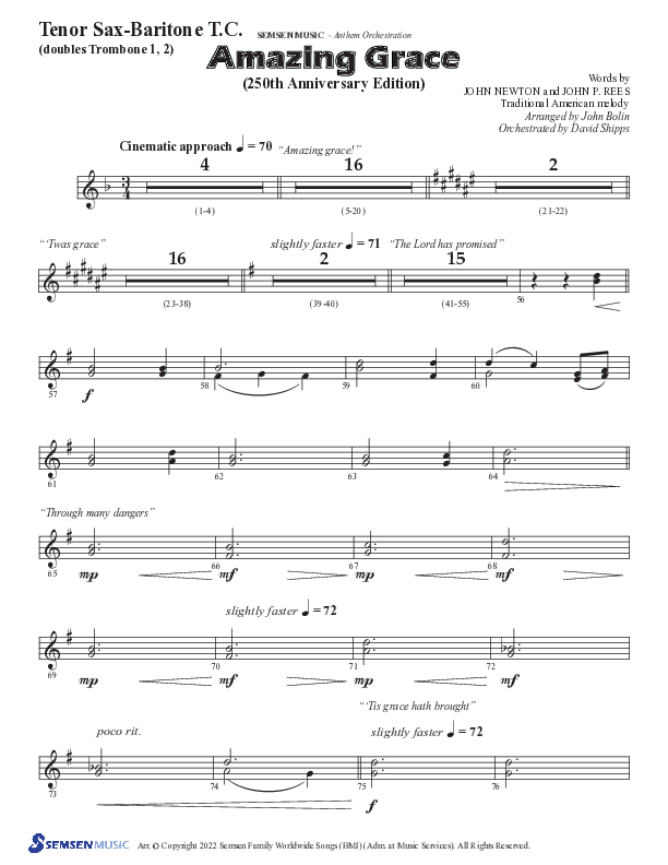 Amazing Grace (250th Anniversary Edition) (Choral Anthem SATB) Tenor Sax/Baritone T.C. (Semsen Music / Arr. John Bolin / Orch. David Shipps)