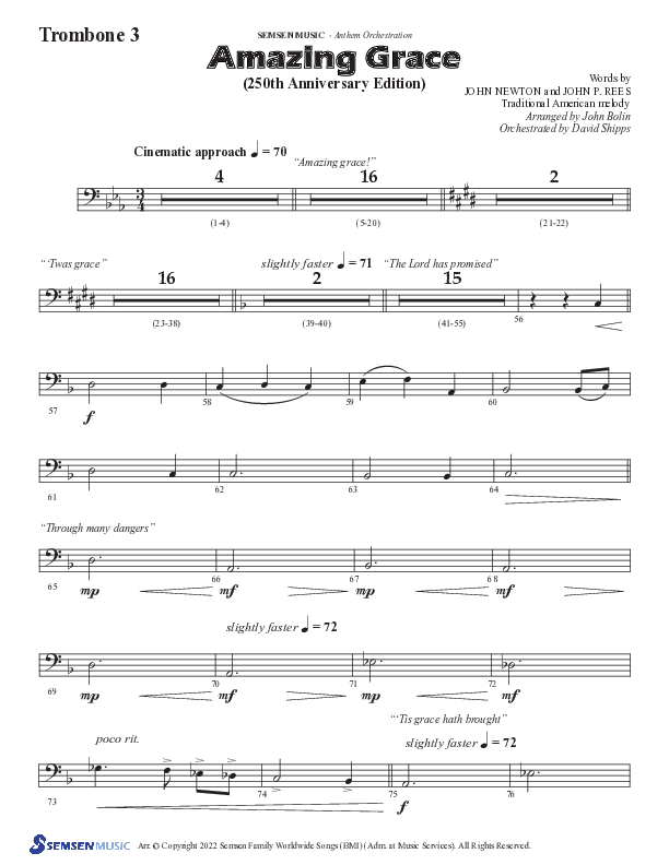 Amazing Grace (250th Anniversary Edition) (Choral Anthem SATB) Trombone 3 (Semsen Music / Arr. John Bolin / Orch. David Shipps)