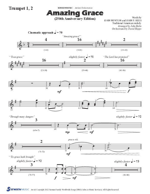 Amazing Grace (250th Anniversary Edition) (Choral Anthem SATB) Trumpet 1,2 (Semsen Music / Arr. John Bolin / Orch. David Shipps)