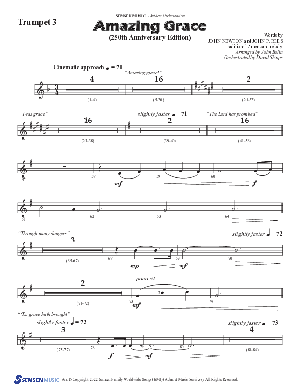 Amazing Grace (250th Anniversary Edition) (Choral Anthem SATB) Trumpet 3 (Semsen Music / Arr. John Bolin / Orch. David Shipps)