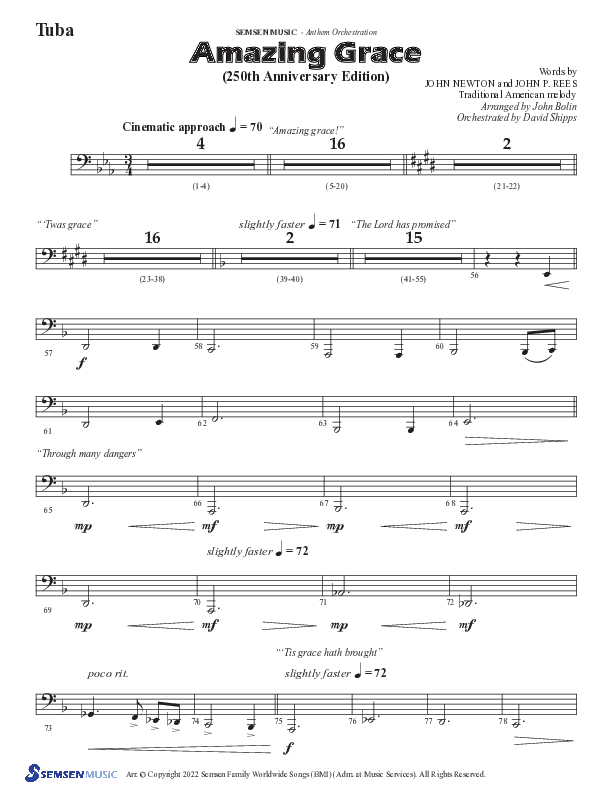 Amazing Grace (250th Anniversary Edition) (Choral Anthem SATB) Tuba (Semsen Music / Arr. John Bolin / Orch. David Shipps)