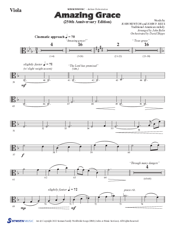 Amazing Grace (250th Anniversary Edition) (Choral Anthem SATB) Viola (Semsen Music / Arr. John Bolin / Orch. David Shipps)