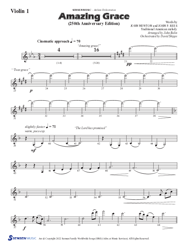 Amazing Grace (250th Anniversary Edition) (Choral Anthem SATB) Violin 1 (Semsen Music / Arr. John Bolin / Orch. David Shipps)