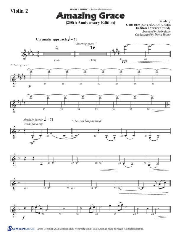 Amazing Grace (250th Anniversary Edition) (Choral Anthem SATB) Violin 2 (Semsen Music / Arr. John Bolin / Orch. David Shipps)