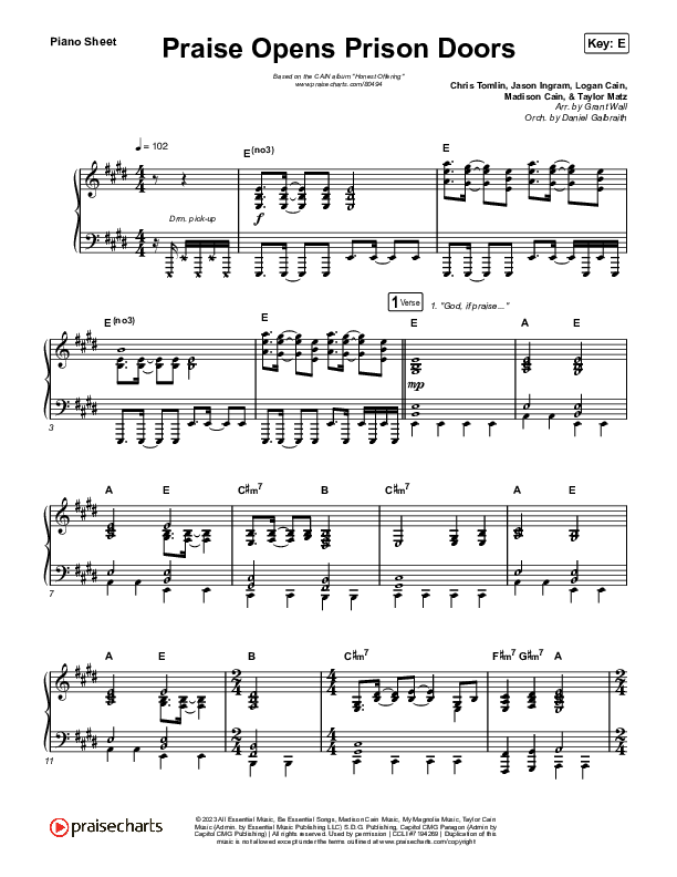 Praise Opens Prison Doors Piano Sheet (CAIN)