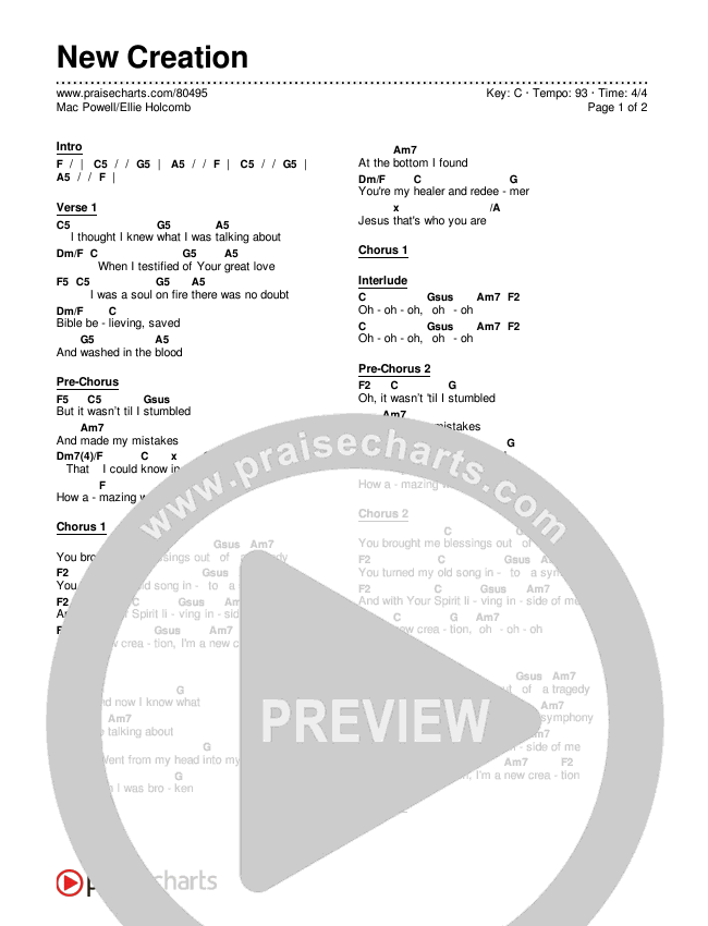 New Creation Chords & Lyrics (Mac Powell / Ellie Holcomb)