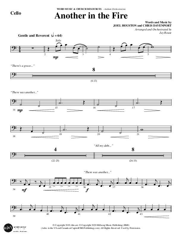Another In The Fire (Choral Anthem SATB) Cello (Word Music / Arr. Jay Rouse)