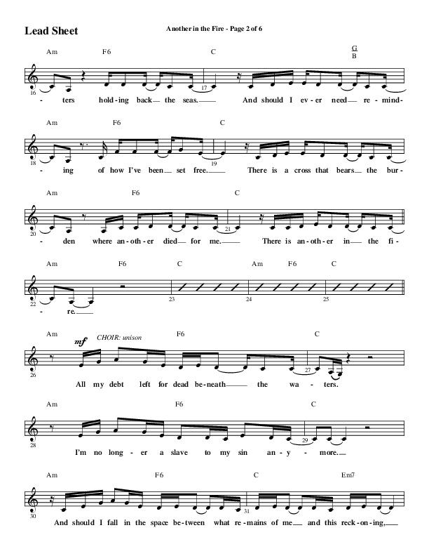 Another In The Fire (Choral Anthem SATB) Lead Sheet (Melody) (Word Music / Arr. Jay Rouse)