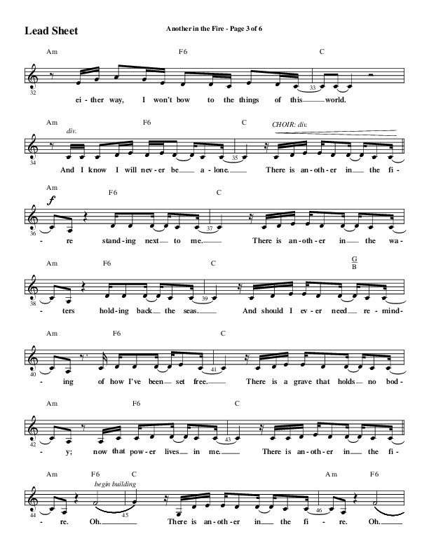 Another In The Fire (Choral Anthem SATB) Lead Sheet (Melody) (Word Music / Arr. Jay Rouse)