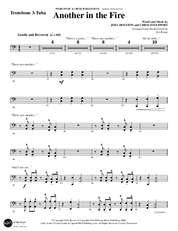 Another In The Fire (Choral Anthem SATB) Trombone 3/Tuba (Word Music / Arr. Jay Rouse)