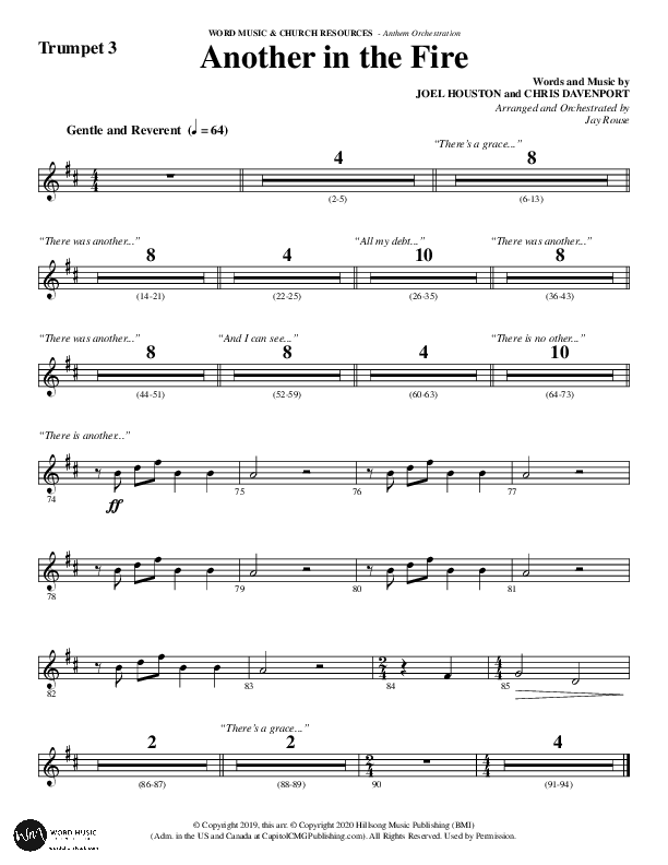 Another In The Fire (Choral Anthem SATB) Trumpet 3 (Word Music / Arr. Jay Rouse)
