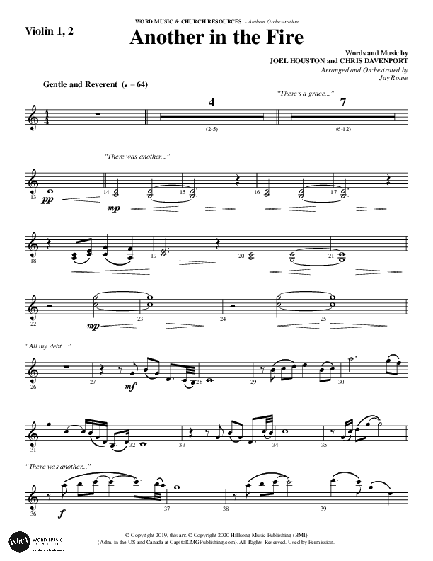 Another In The Fire (Choral Anthem SATB) Violin 1/2 (Word Music / Arr. Jay Rouse)