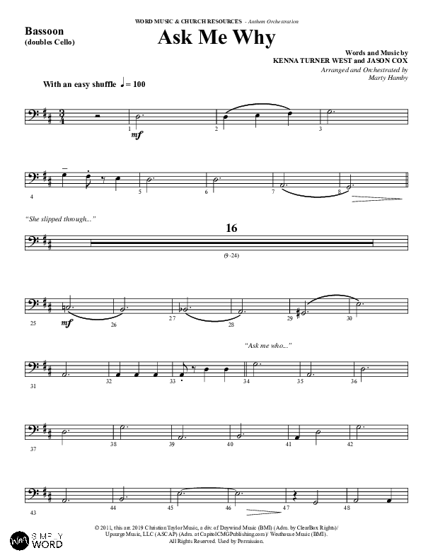Ask Me Why (Choral Anthem SATB) Bassoon (Word Music / Arr. Marty Hamby)
