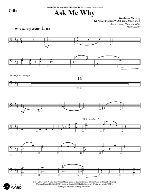 Ask Me Why (Choral Anthem SATB) Cello (Word Music / Arr. Marty Hamby)