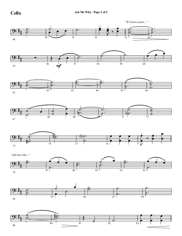 Ask Me Why (Choral Anthem SATB) Cello (Word Music / Arr. Marty Hamby)