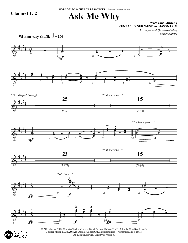 Ask Me Why (Choral Anthem SATB) Clarinet 1/2 (Word Music / Arr. Marty Hamby)