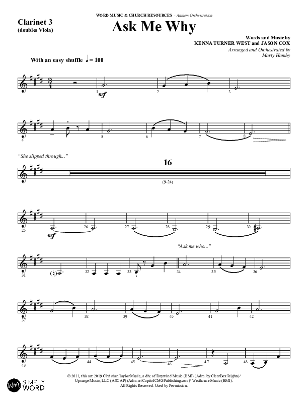 Ask Me Why (Choral Anthem SATB) Clarinet 3 (Word Music / Arr. Marty Hamby)