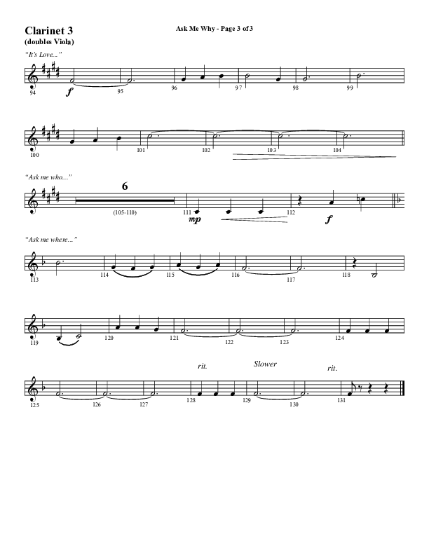 Ask Me Why (Choral Anthem SATB) Clarinet 3 (Word Music / Arr. Marty Hamby)
