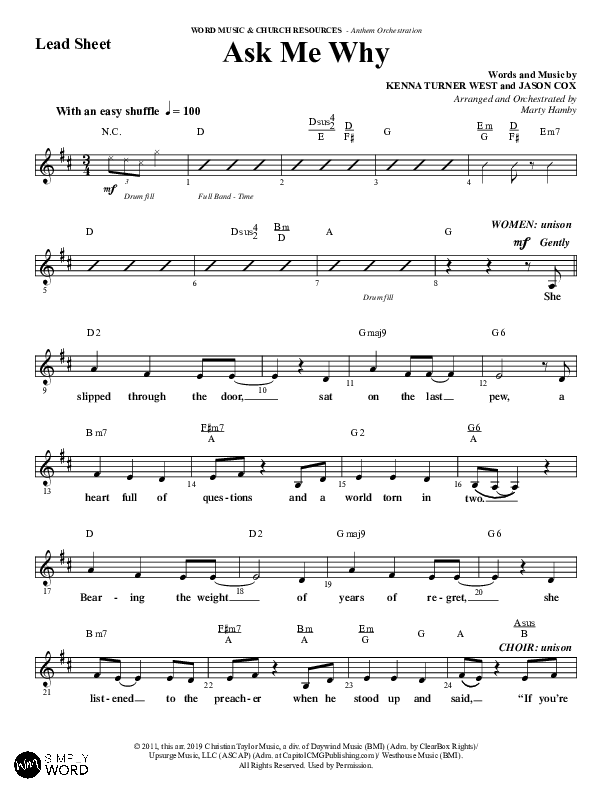 Ask Me Why (Choral Anthem SATB) Lead Sheet (Melody) (Word Music / Arr. Marty Hamby)