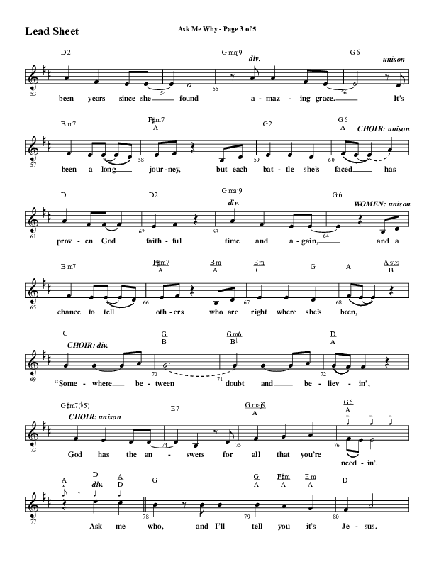 Ask Me Why (Choral Anthem SATB) Lead Sheet (Melody) (Word Music / Arr. Marty Hamby)