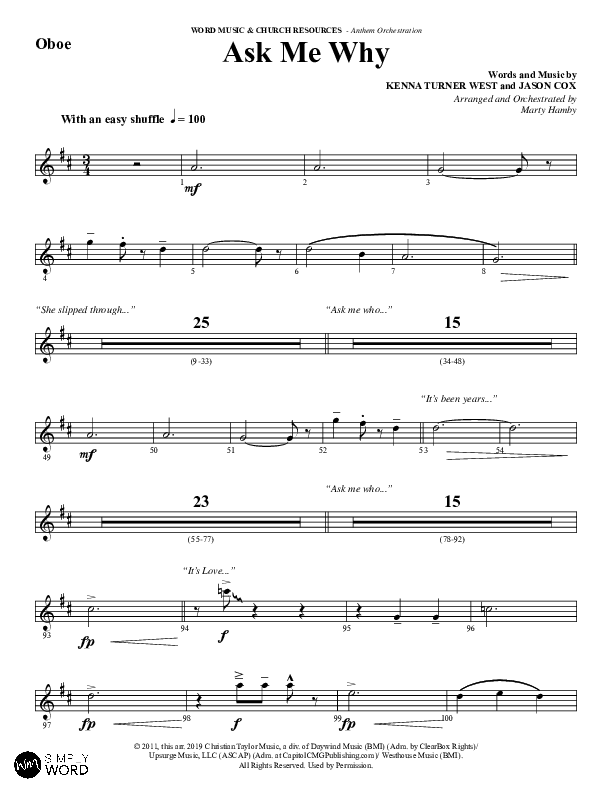 Ask Me Why (Choral Anthem SATB) Oboe (Word Music / Arr. Marty Hamby)