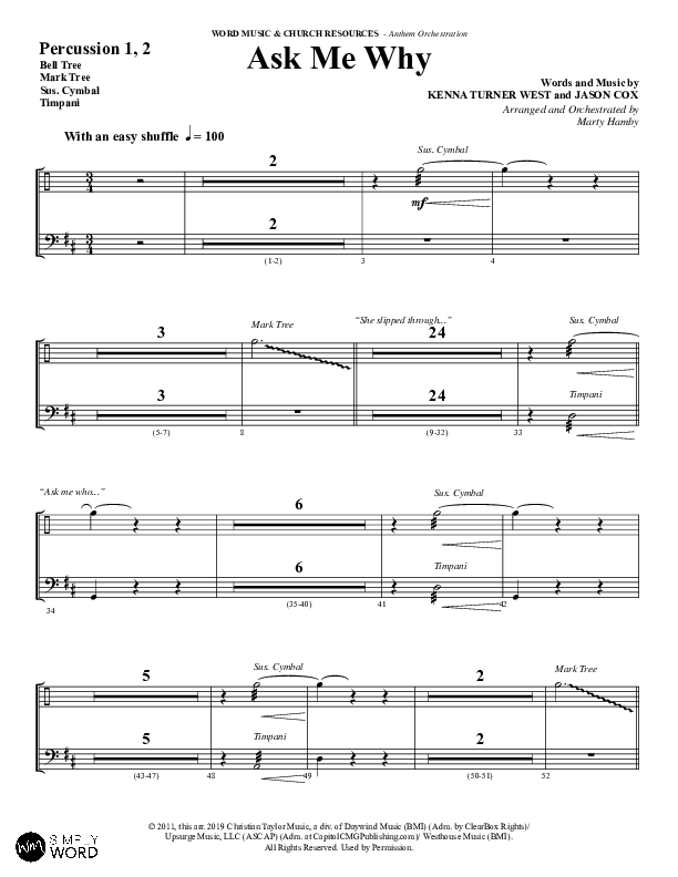 Ask Me Why (Choral Anthem SATB) Percussion 1/2 (Word Music / Arr. Marty Hamby)