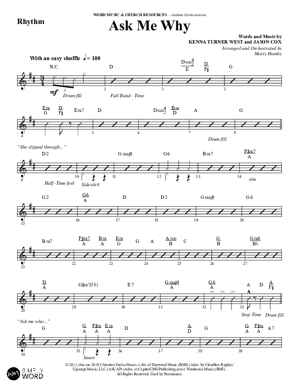Ask Me Why (Choral Anthem SATB) Rhythm Chart (Word Music / Arr. Marty Hamby)