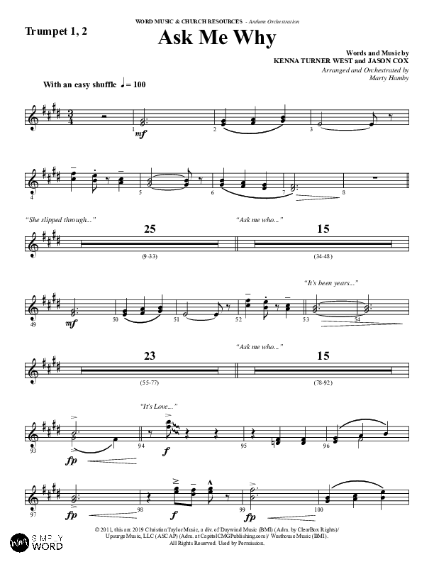 Ask Me Why (Choral Anthem SATB) Trumpet 1,2 (Word Music / Arr. Marty Hamby)