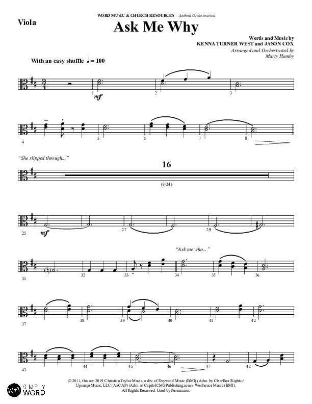 Ask Me Why (Choral Anthem SATB) Viola (Word Music / Arr. Marty Hamby)