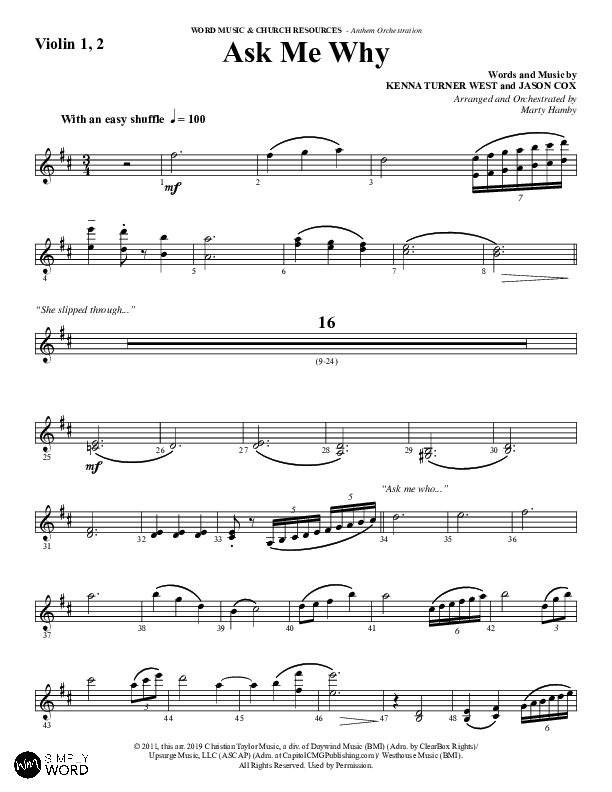 Ask Me Why (Choral Anthem SATB) Violin 1/2 (Word Music / Arr. Marty Hamby)