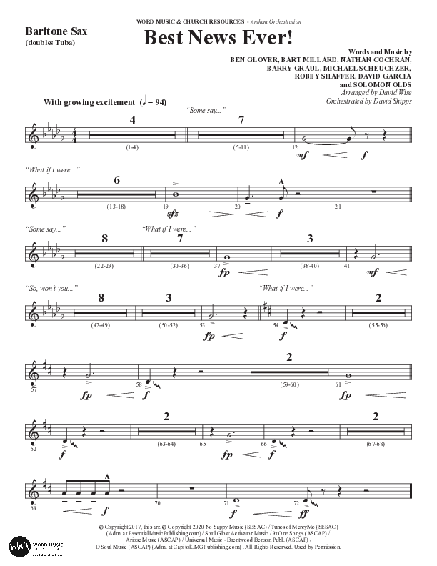Best News Ever (Choral Anthem SATB) Bari Sax (Word Music / Arr. David Wise / Orch. David Shipps)