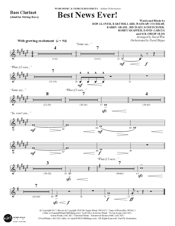 Best News Ever (Choral Anthem SATB) Bass Clarinet (Word Music / Arr. David Wise / Orch. David Shipps)