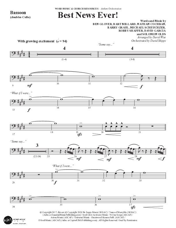 Best News Ever (Choral Anthem SATB) Bassoon (Word Music / Arr. David Wise / Orch. David Shipps)