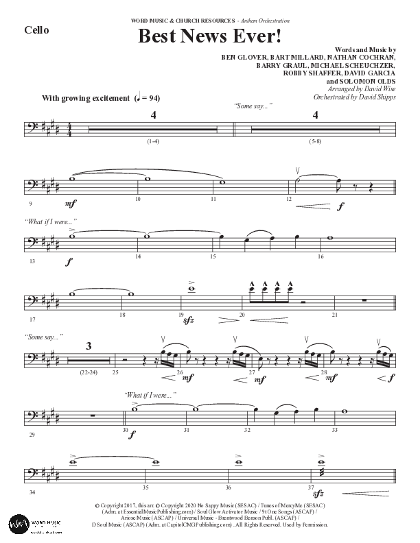 Best News Ever (Choral Anthem SATB) Cello (Word Music / Arr. David Wise / Orch. David Shipps)
