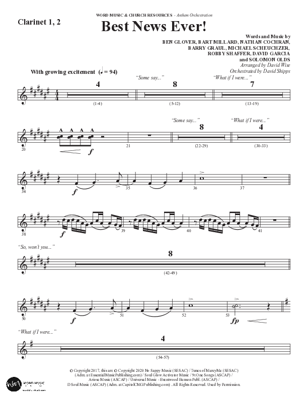 Best News Ever (Choral Anthem SATB) Clarinet 1/2 (Word Music / Arr. David Wise / Orch. David Shipps)
