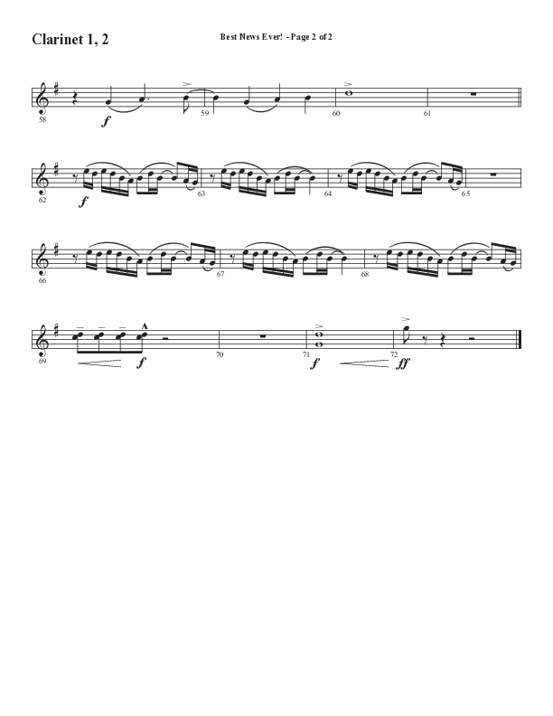 Best News Ever (Choral Anthem SATB) Clarinet 1/2 (Word Music / Arr. David Wise / Orch. David Shipps)