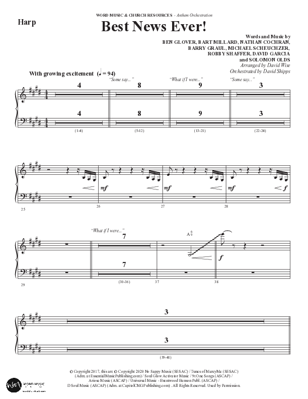 Best News Ever (Choral Anthem SATB) Harp (Word Music / Arr. David Wise / Orch. David Shipps)