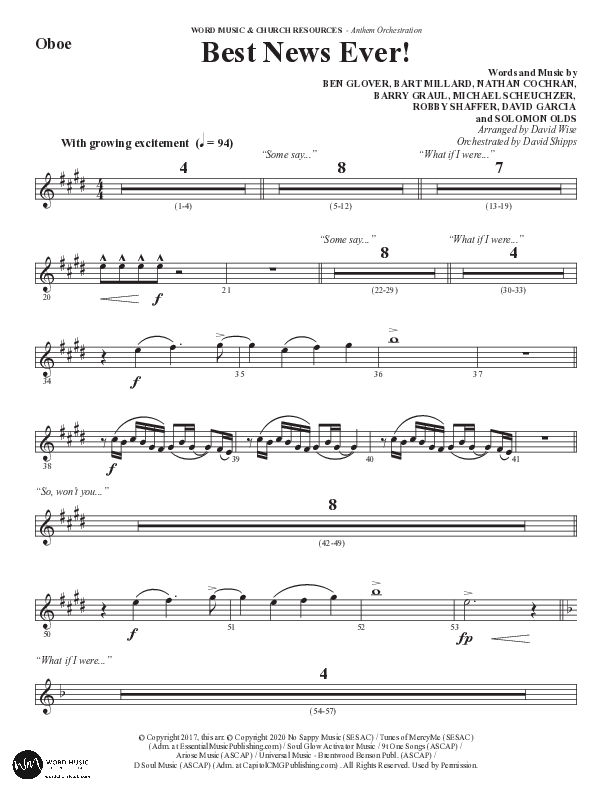 Best News Ever (Choral Anthem SATB) Oboe (Word Music / Arr. David Wise / Orch. David Shipps)