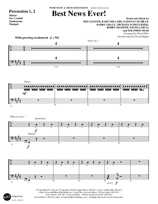 Best News Ever (Choral Anthem SATB) Percussion 1/2 (Word Music / Arr. David Wise / Orch. David Shipps)