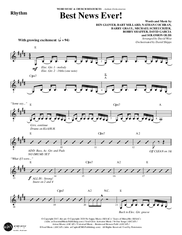 Best News Ever (Choral Anthem SATB) Rhythm Chart (Word Music / Arr. David Wise / Orch. David Shipps)