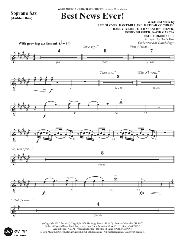 Best News Ever (Choral Anthem SATB) Soprano Sax (Word Music / Arr. David Wise / Orch. David Shipps)
