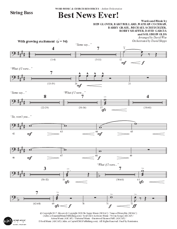 Best News Ever (Choral Anthem SATB) String Bass (Word Music / Arr. David Wise / Orch. David Shipps)