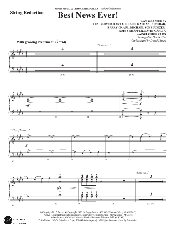 Best News Ever (Choral Anthem SATB) String Reduction (Word Music / Arr. David Wise / Orch. David Shipps)