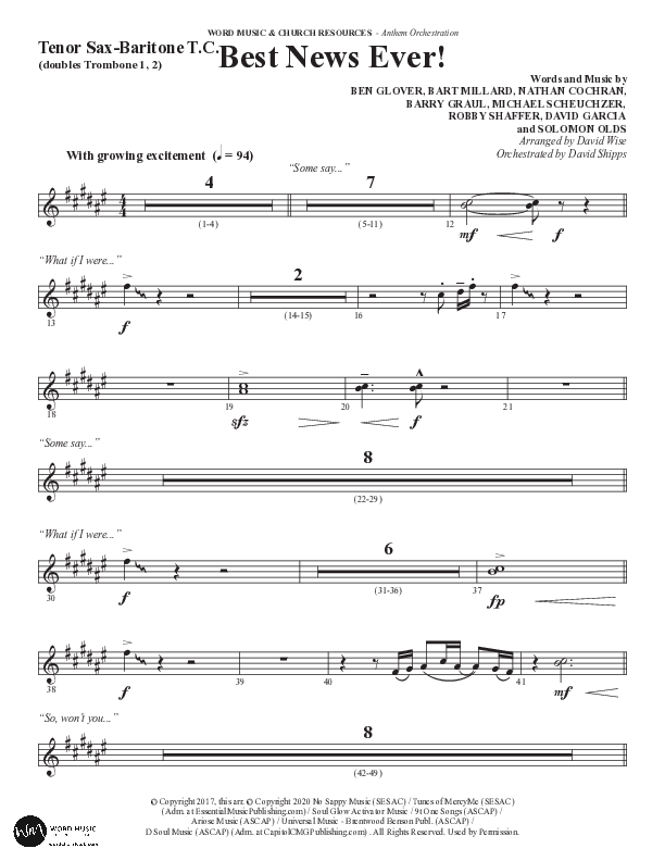 Best News Ever (Choral Anthem SATB) Tenor Sax/Baritone T.C. (Word Music / Arr. David Wise / Orch. David Shipps)